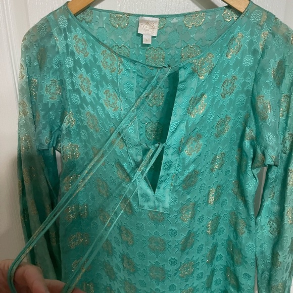 MILLY CABANA Scroll Burnout Cover-Up Mini Dress {$325} Turquoise Green Gold Sm - Picture 5 of 9